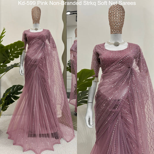 Kd-599 Pink Non-Branded Strkq Soft Net Sarees