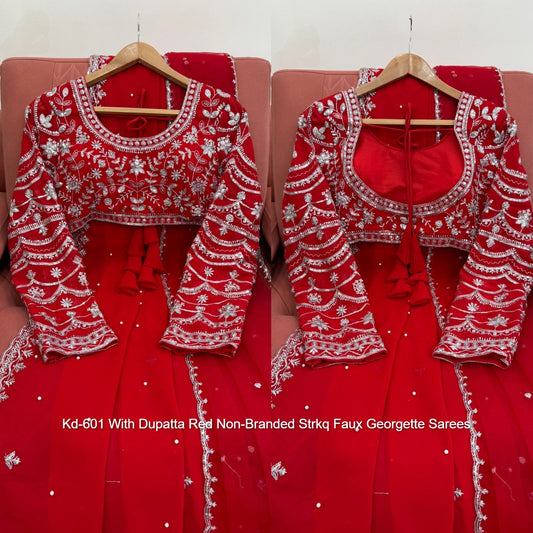 Kd-601 With Dupatta Red Non-Branded Strkq Faux Georgette Sarees