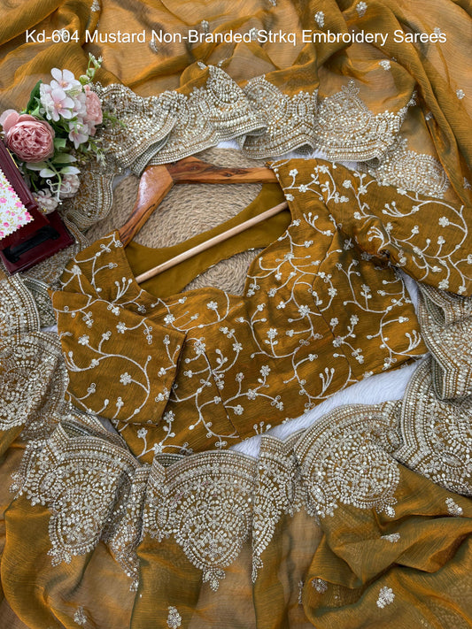 Kd-604 Mustard Non-Branded Strkq Embroidery Sarees