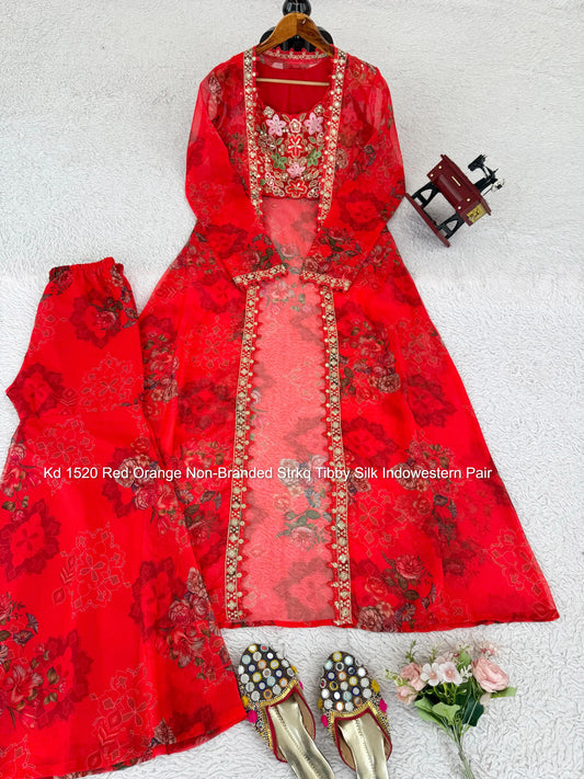 Kd 1520 Red Orange Non-Branded Strkq Tibby Silk Indowestern Pair