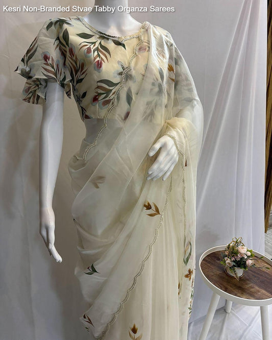 Kesri Non-Branded Stvae Tabby Organza Sarees
