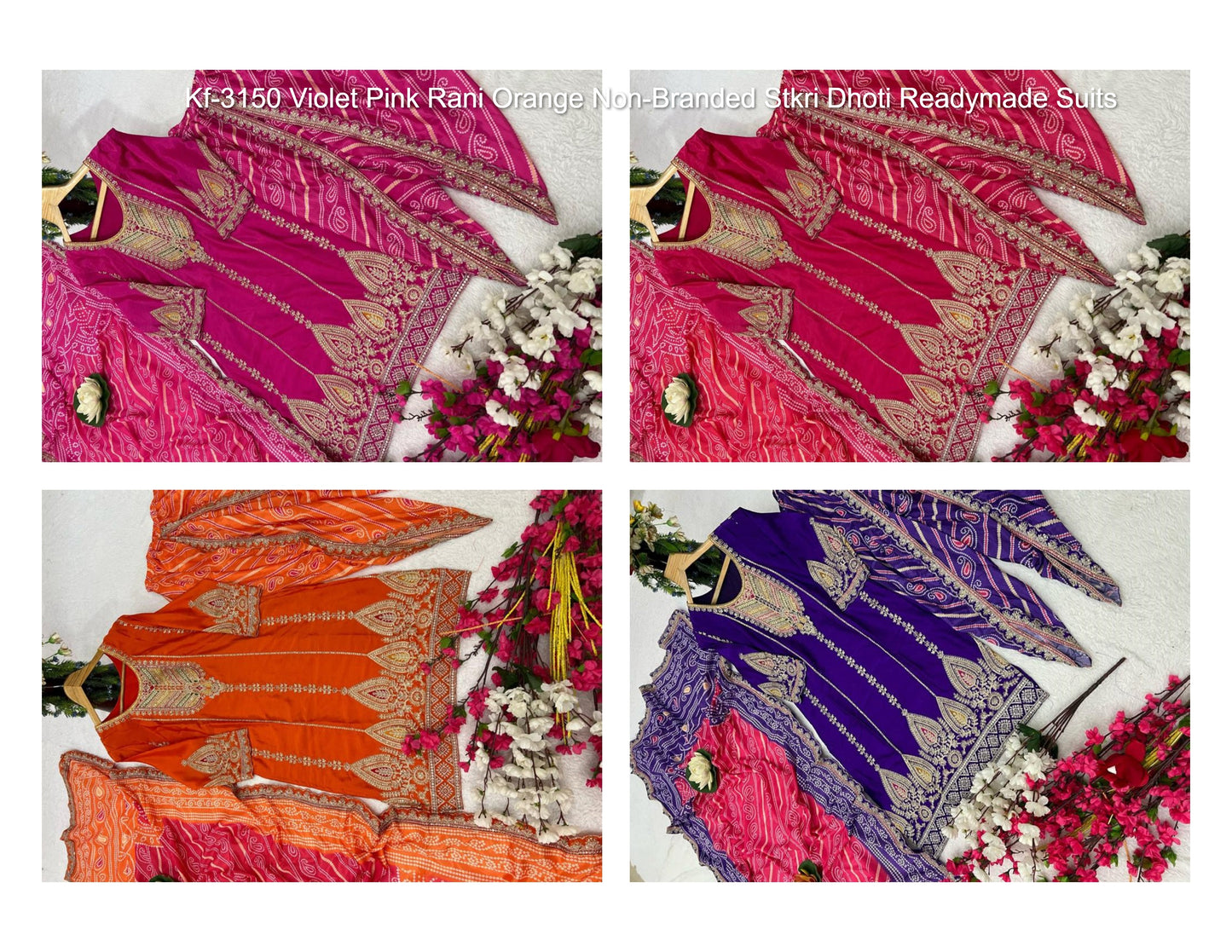 Kf-3150 Violet Pink Rani Orange Non-Branded Stkri Dhoti Readymade Suits