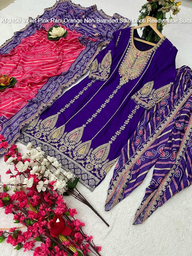 Kf-3150 Violet Pink Rani Orange Non-Branded Stkri Dhoti Readymade Suits
