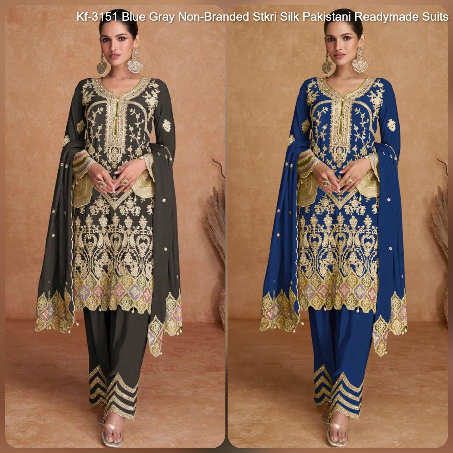 Kf-3151 Blue Gray Non-Branded Stkri Silk Pakistani Readymade Suits