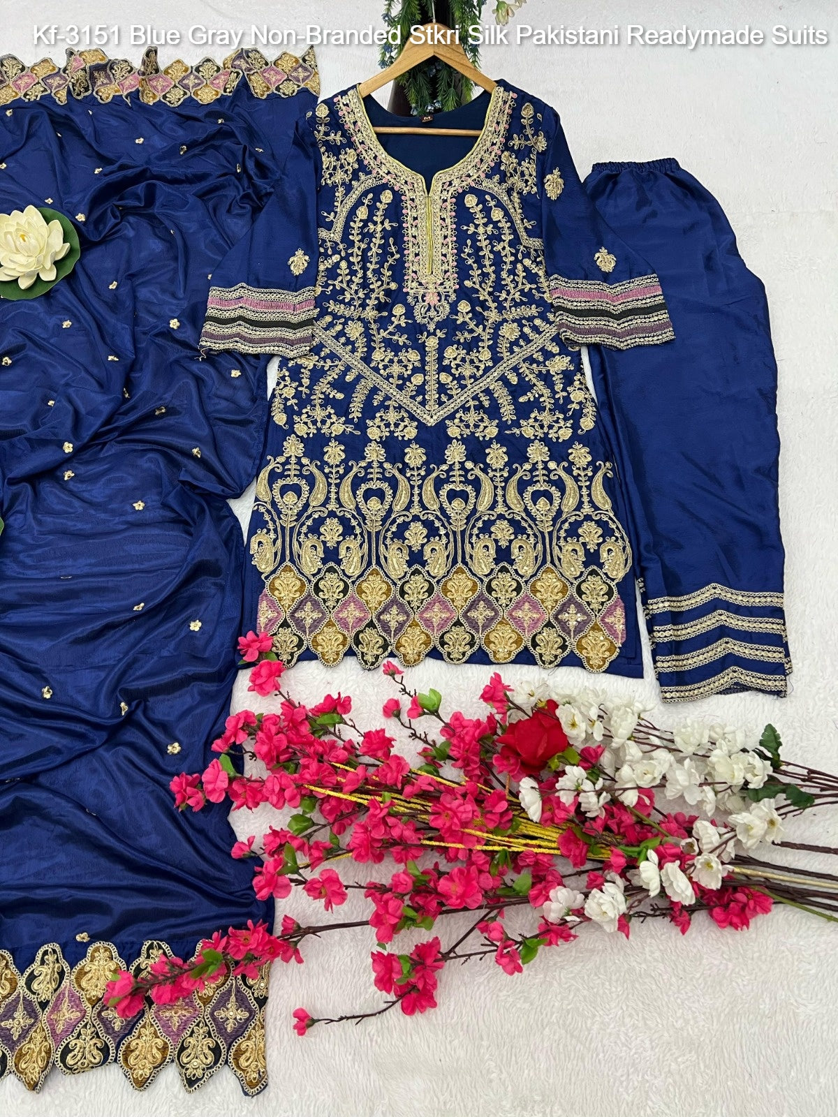 Kf-3151 Blue Gray Non-Branded Stkri Silk Pakistani Readymade Suits