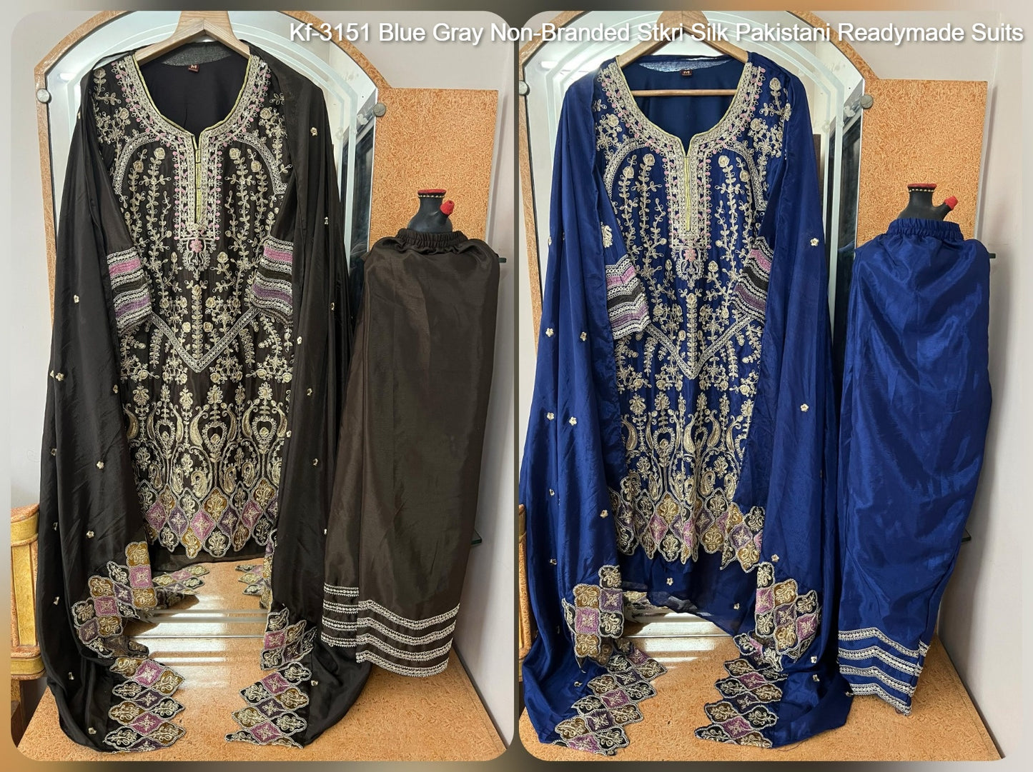 Kf-3151 Blue Gray Non-Branded Stkri Silk Pakistani Readymade Suits