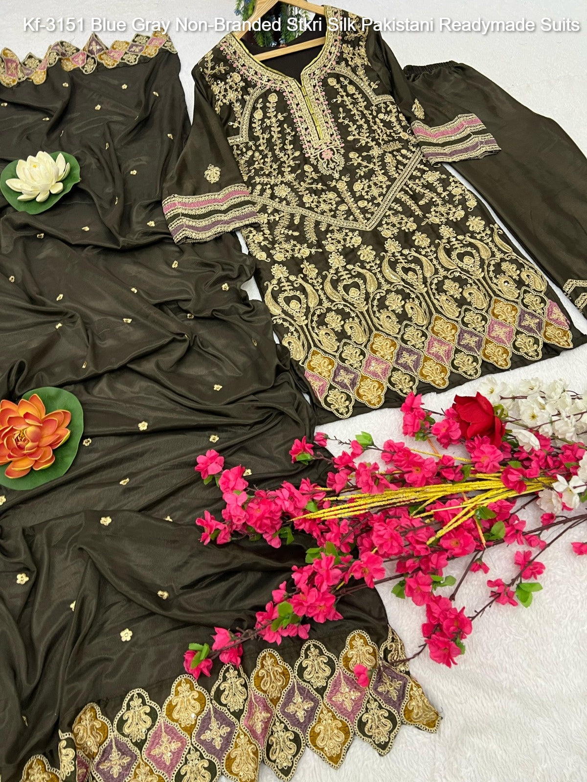 Kf-3151 Blue Gray Non-Branded Stkri Silk Pakistani Readymade Suits