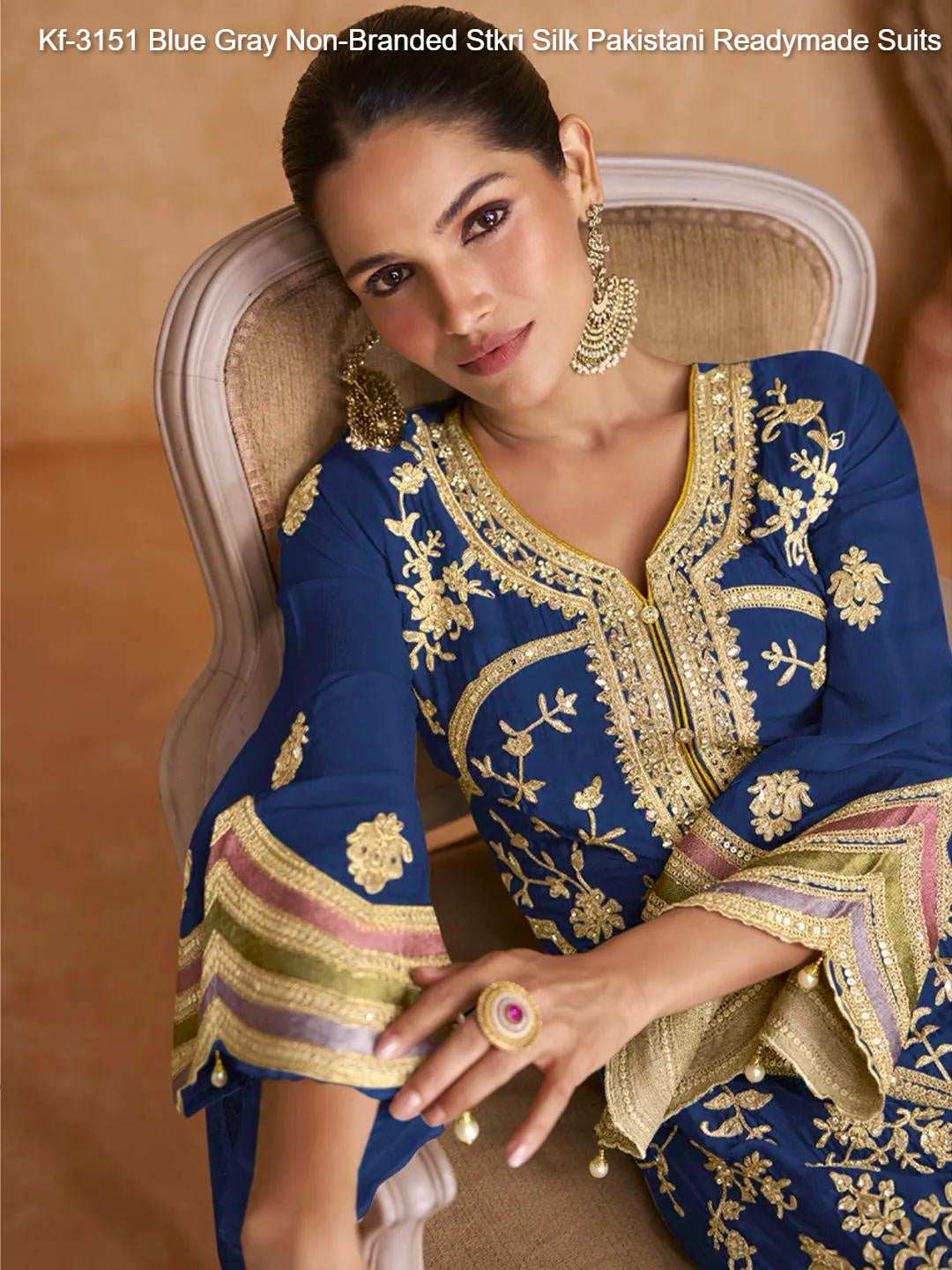 Kf-3151 Blue Gray Non-Branded Stkri Silk Pakistani Readymade Suits