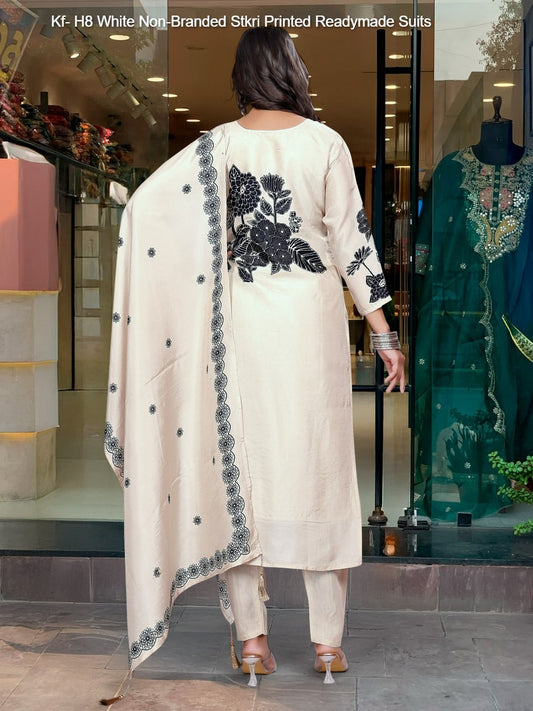 Kf- H8 White Non-Branded Stkri Printed Readymade Suits