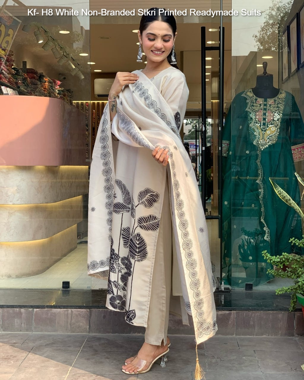 Kf- H8 White Non-Branded Stkri Printed Readymade Suits