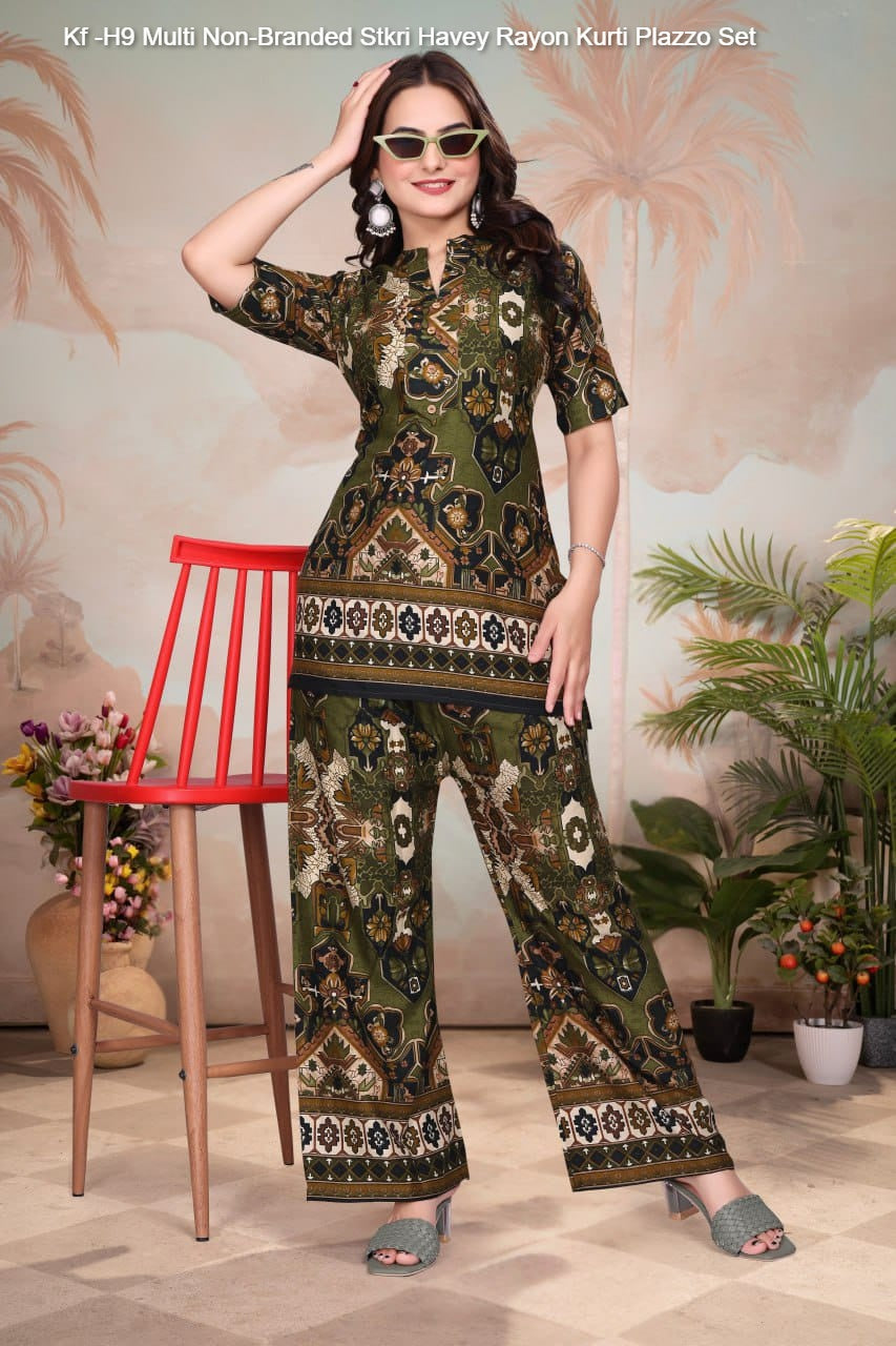 Kf -H9 Multi Non-Branded Stkri Havey Rayon Kurti Plazzo Set