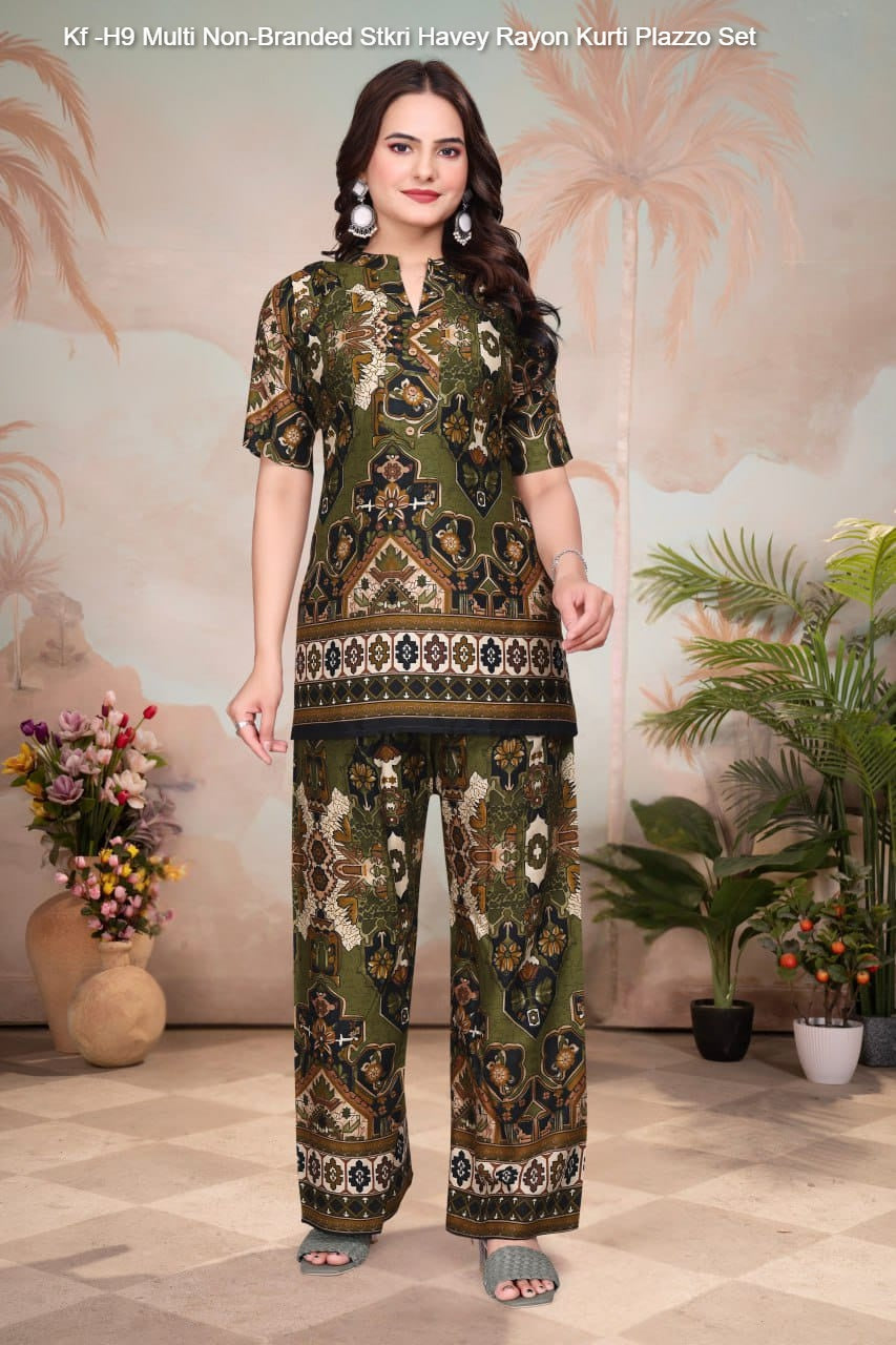 Kf -H9 Multi Non-Branded Stkri Havey Rayon Kurti Plazzo Set