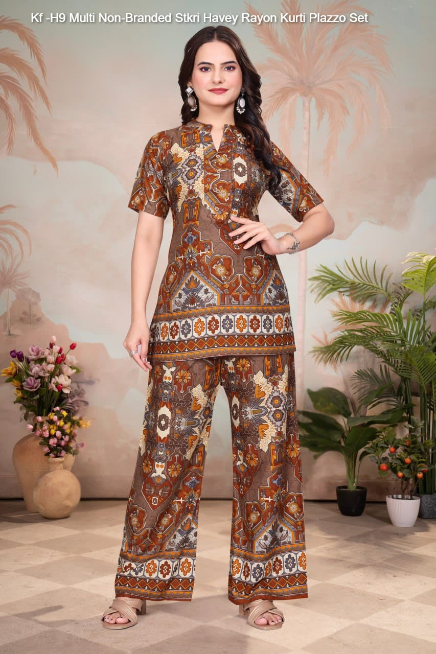 Kf -H9 Multi Non-Branded Stkri Havey Rayon Kurti Plazzo Set