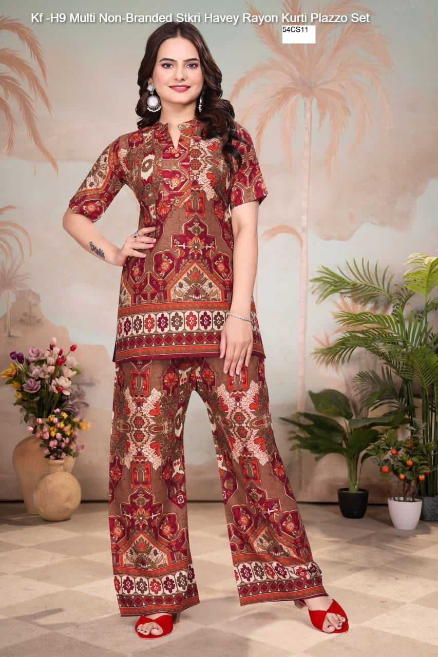 Kf -H9 Multi Non-Branded Stkri Havey Rayon Kurti Plazzo Set