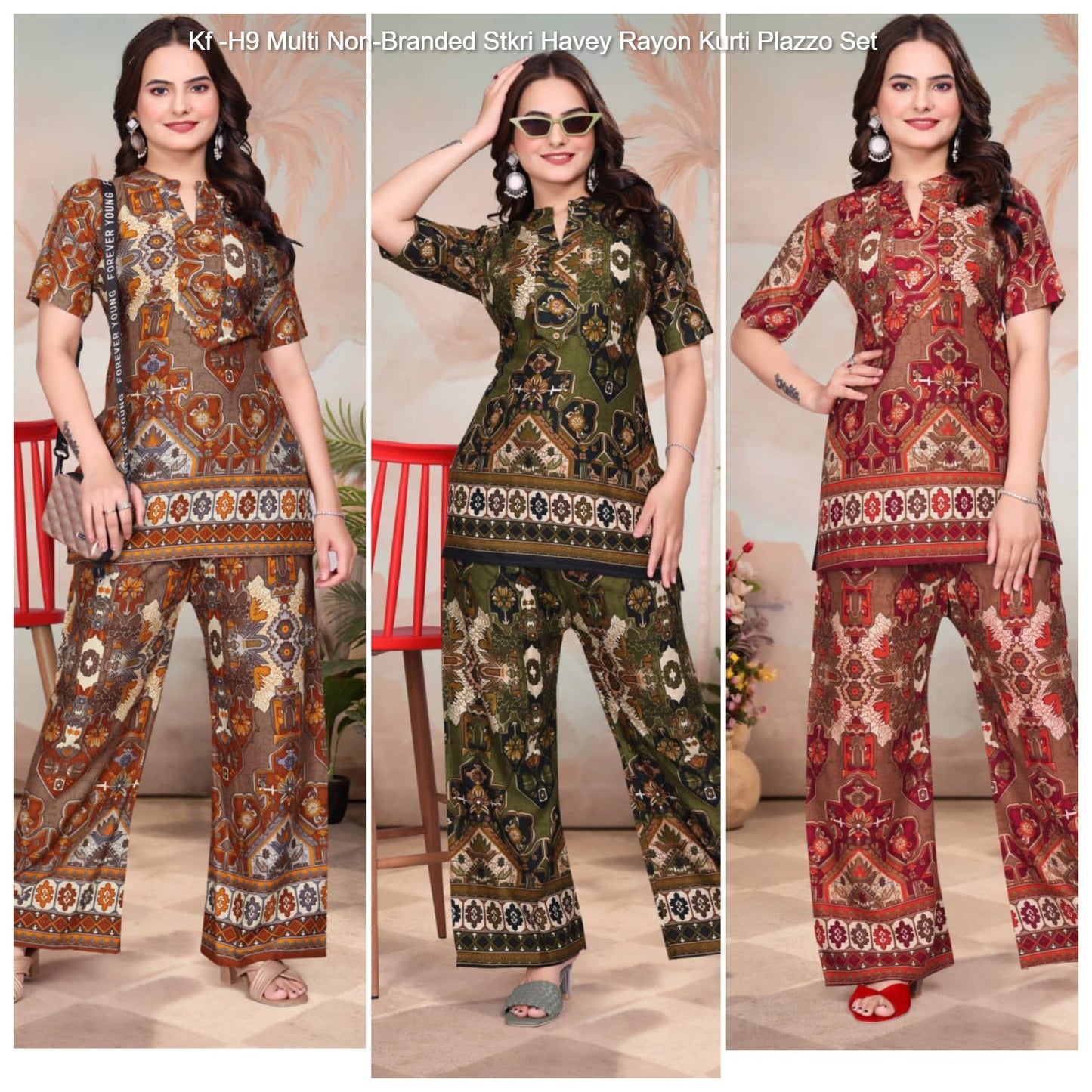 Kf -H9 Multi Non-Branded Stkri Havey Rayon Kurti Plazzo Set