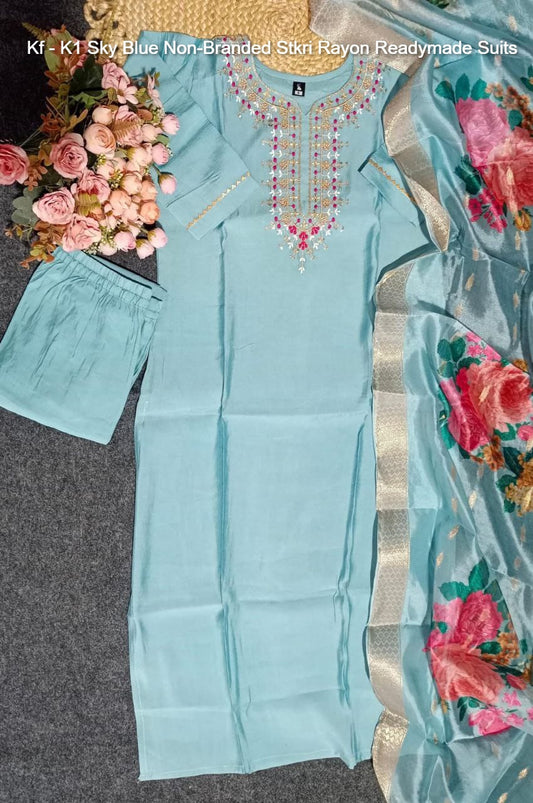 Kf - K1 Sky Blue Non-Branded Stkri Rayon Readymade Suits