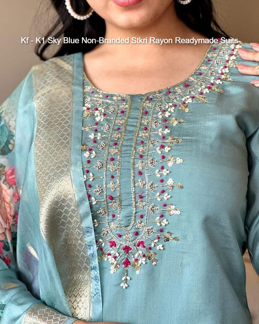 Kf - K1 Sky Blue Non-Branded Stkri Rayon Readymade Suits