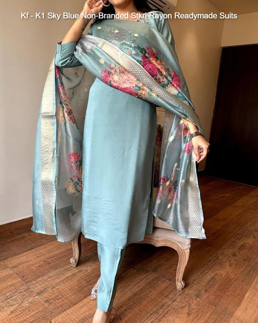 Kf - K1 Sky Blue Non-Branded Stkri Rayon Readymade Suits