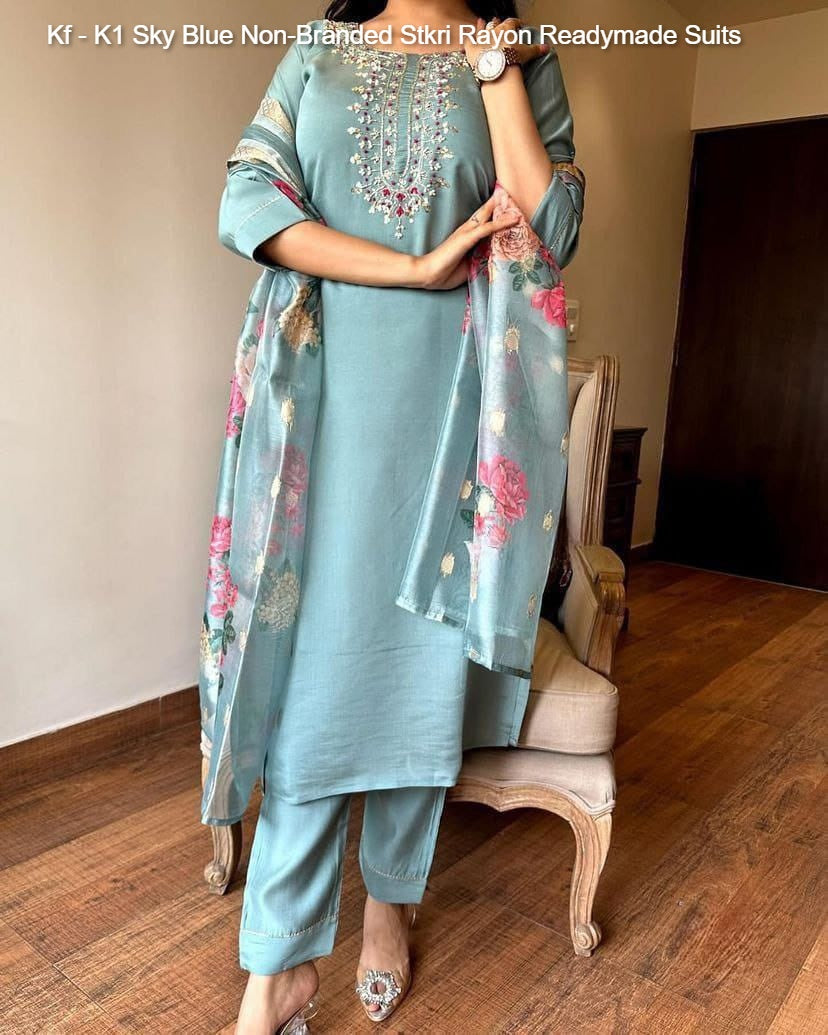 Kf - K1 Sky Blue Non-Branded Stkri Rayon Readymade Suits