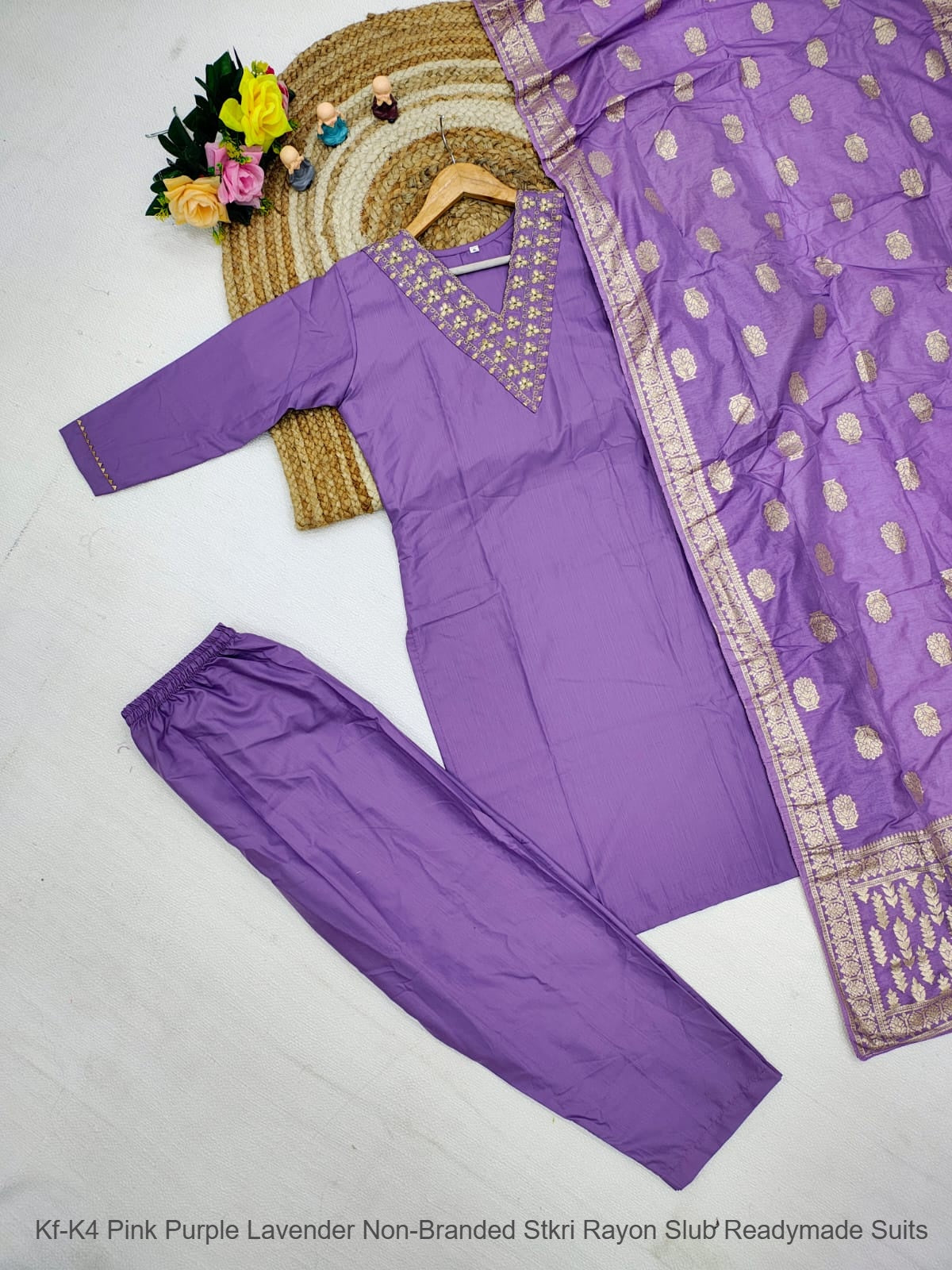 Kf-K4 Pink Purple Lavender Non-Branded Stkri Rayon Slub Readymade Suits