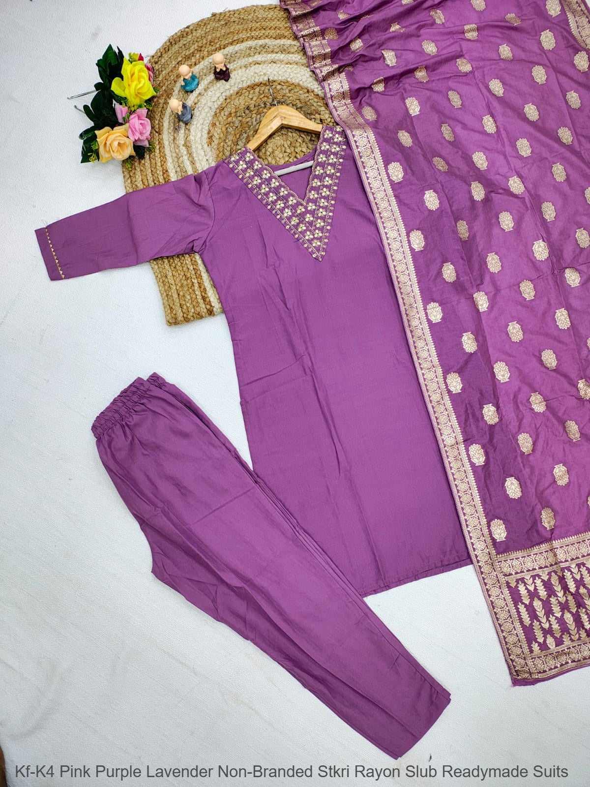 Kf-K4 Pink Purple Lavender Non-Branded Stkri Rayon Slub Readymade Suits