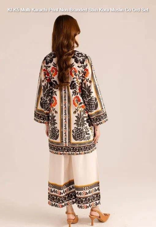 Kf-K5 Multi Karachi Print Non-Branded Stkri Kora Muslin Co Ord Set