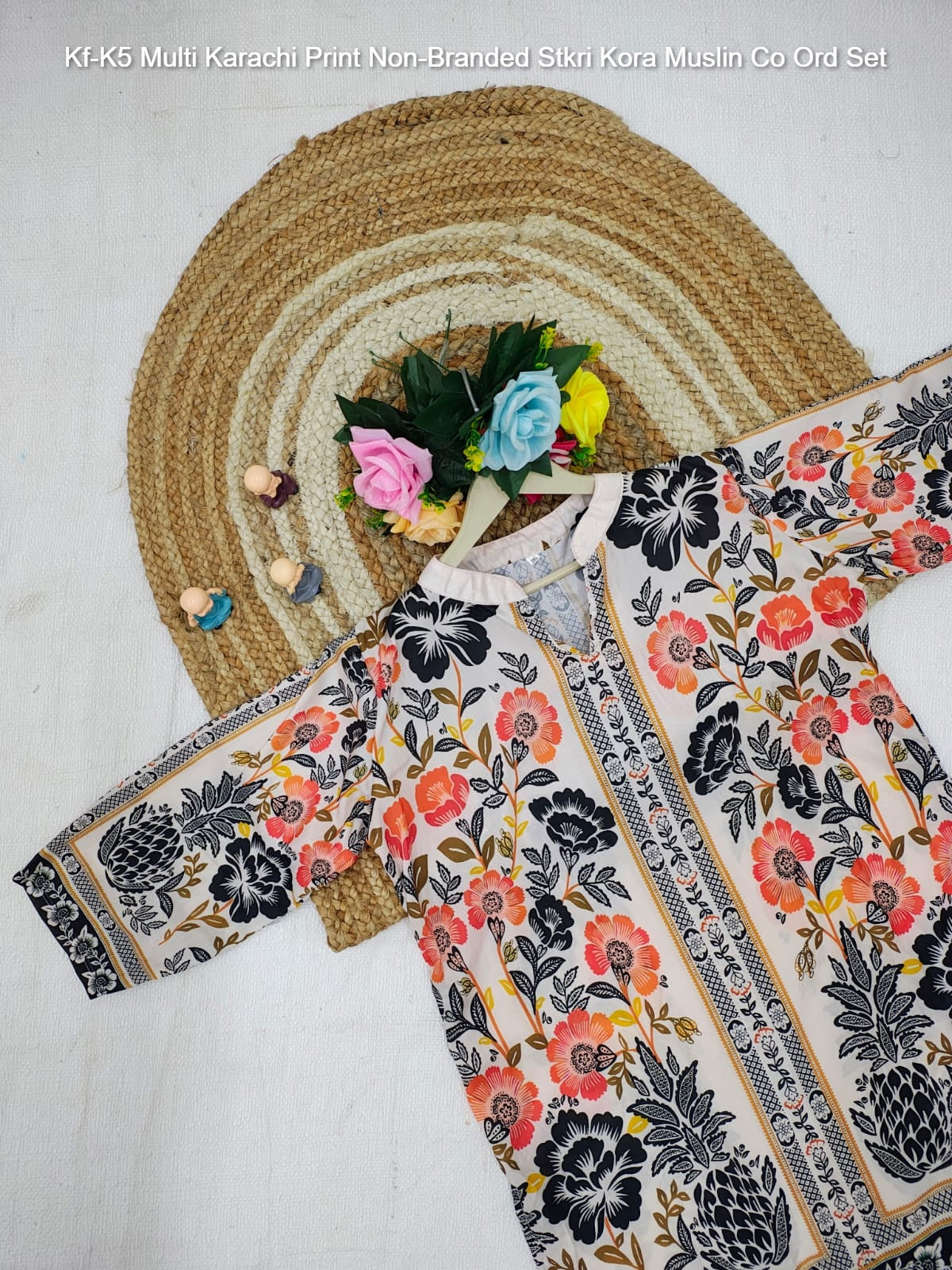Kf-K5 Multi Karachi Print Non-Branded Stkri Kora Muslin Co Ord Set