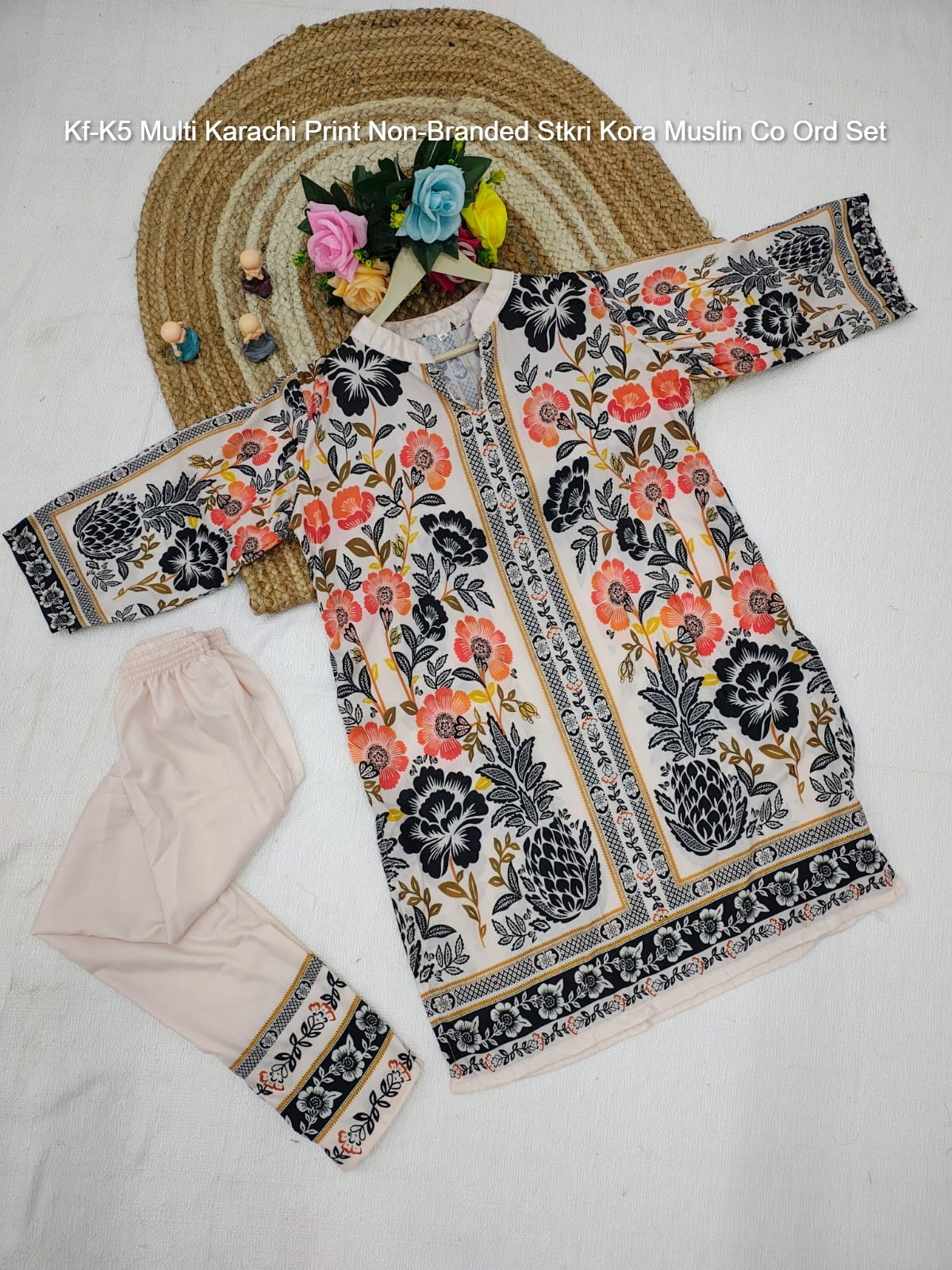 Kf-K5 Multi Karachi Print Non-Branded Stkri Kora Muslin Co Ord Set