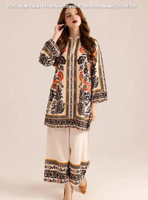 Kf-K5 Multi Karachi Print Non-Branded Stkri Kora Muslin Co Ord Set