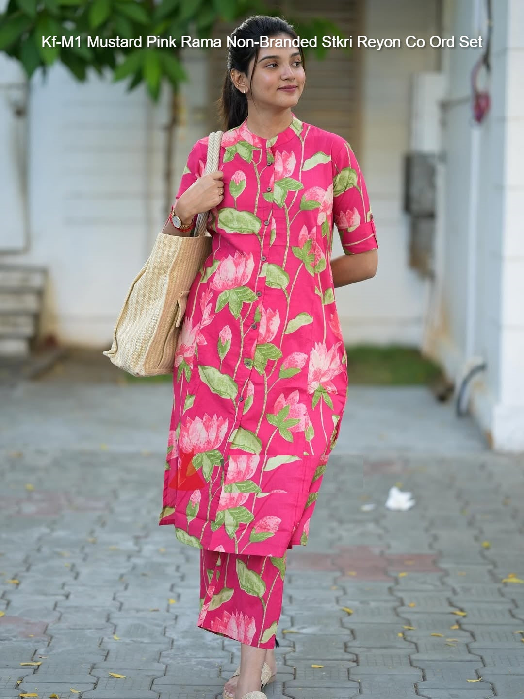 Kf-M1 Mustard Pink Rama Non-Branded Stkri Reyon Co Ord Set