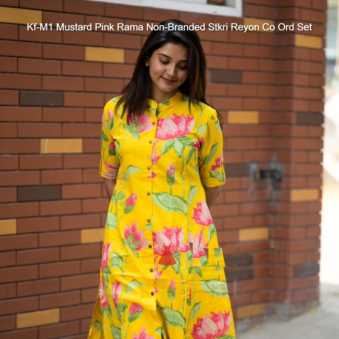 Kf-M1 Mustard Pink Rama Non-Branded Stkri Reyon Co Ord Set