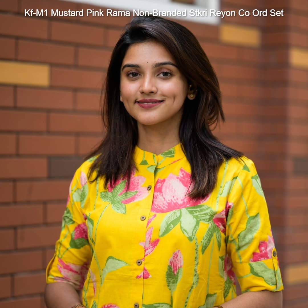 Kf-M1 Mustard Pink Rama Non-Branded Stkri Reyon Co Ord Set