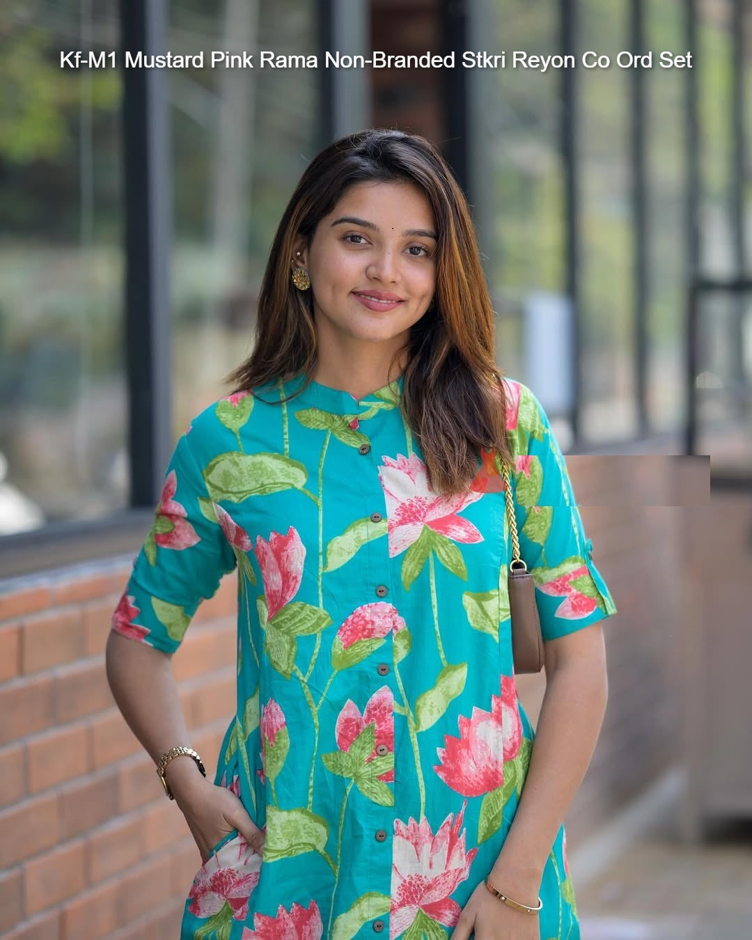 Kf-M1 Mustard Pink Rama Non-Branded Stkri Reyon Co Ord Set
