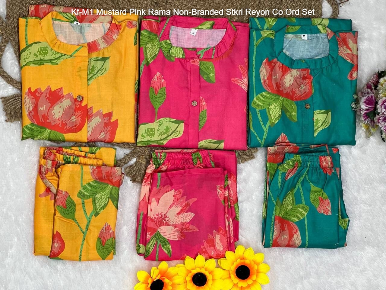 Kf-M1 Mustard Pink Rama Non-Branded Stkri Reyon Co Ord Set