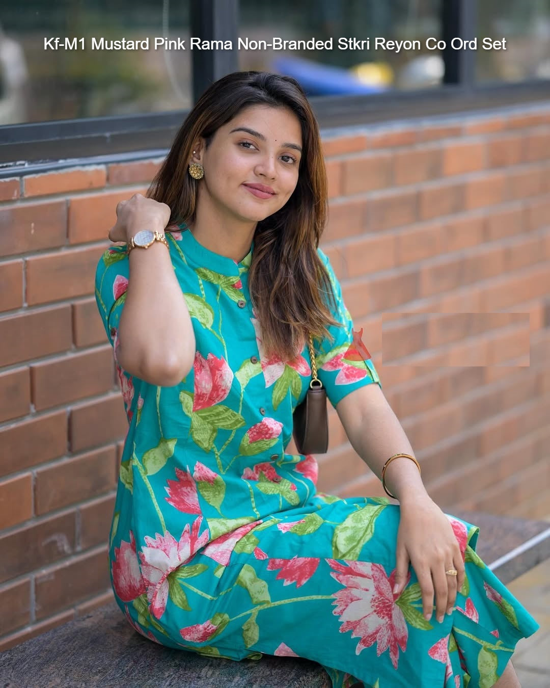 Kf-M1 Mustard Pink Rama Non-Branded Stkri Reyon Co Ord Set