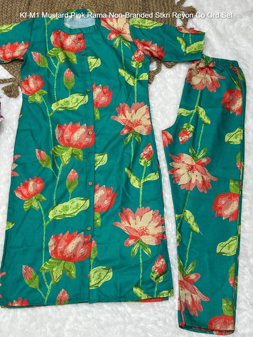 Kf-M1 Mustard Pink Rama Non-Branded Stkri Reyon Co Ord Set