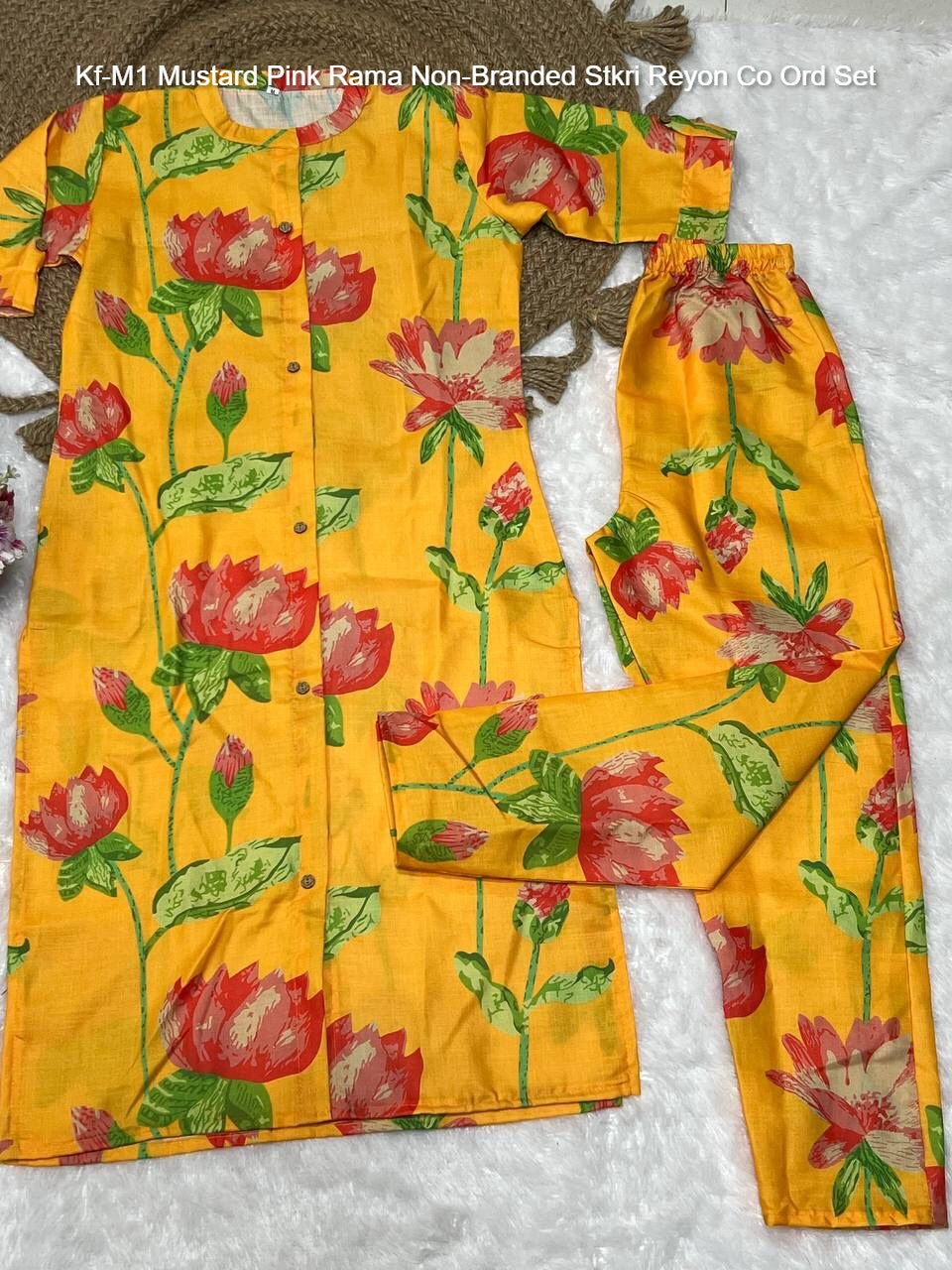 Kf-M1 Mustard Pink Rama Non-Branded Stkri Reyon Co Ord Set