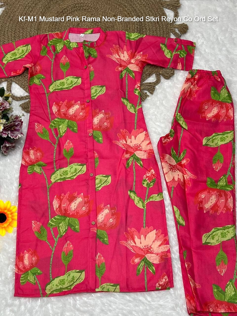 Kf-M1 Mustard Pink Rama Non-Branded Stkri Reyon Co Ord Set