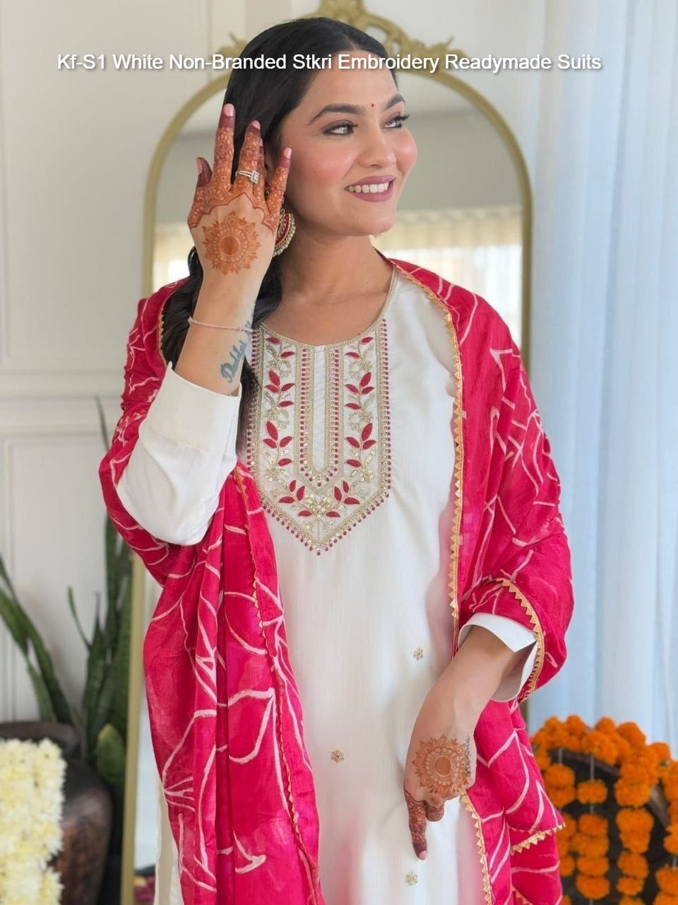 Kf-S1 White Non-Branded Stkri Embroidery Readymade Suits