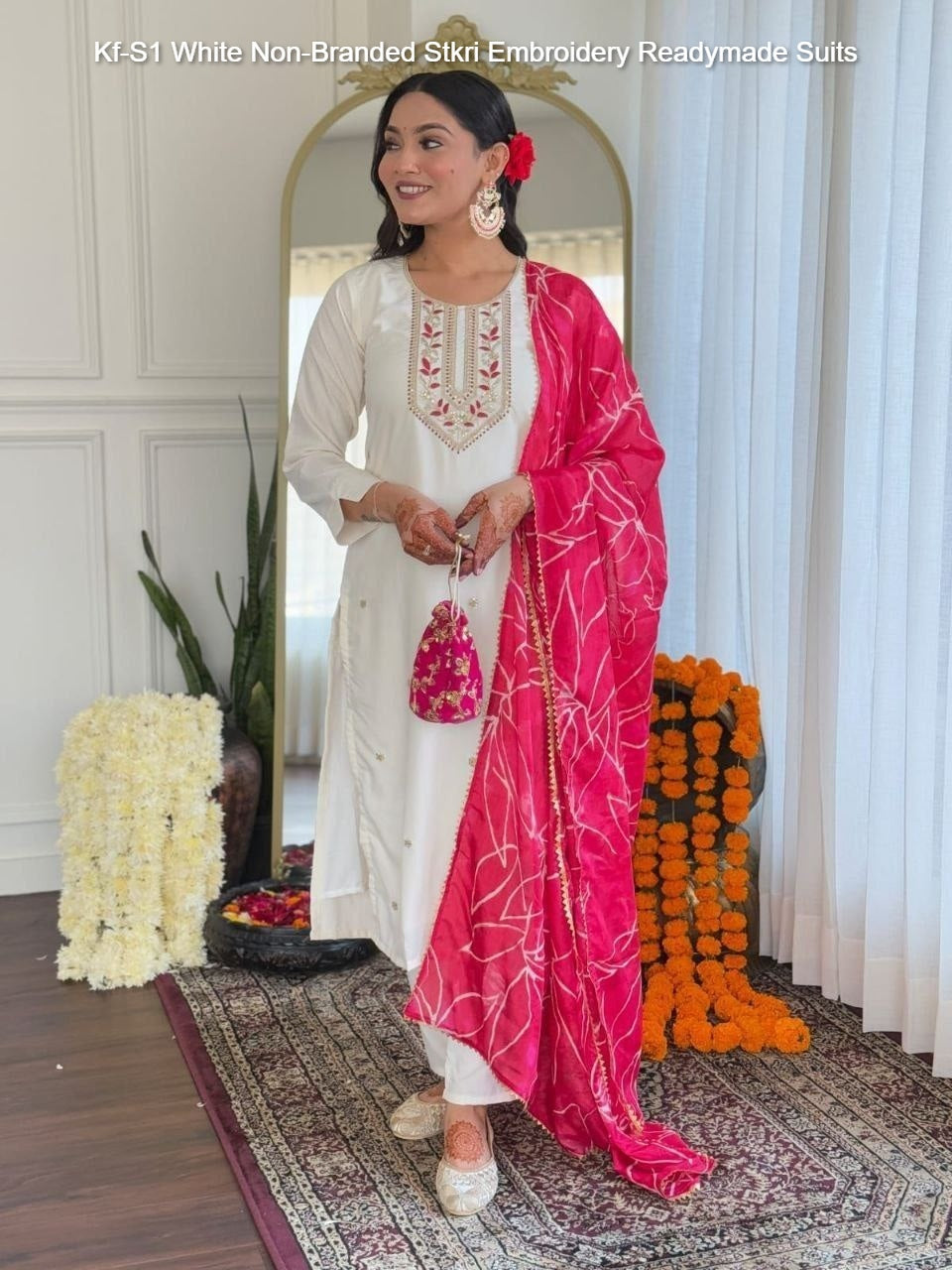 Kf-S1 White Non-Branded Stkri Embroidery Readymade Suits