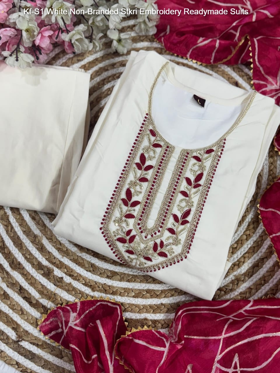 Kf-S1 White Non-Branded Stkri Embroidery Readymade Suits