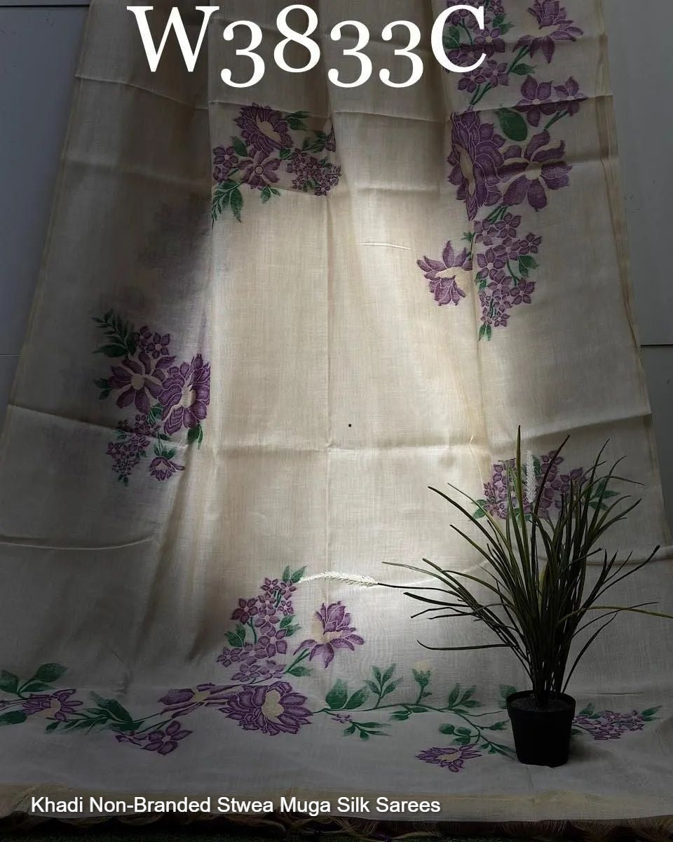 Khadi Non-Branded Stwea Muga Silk Sarees