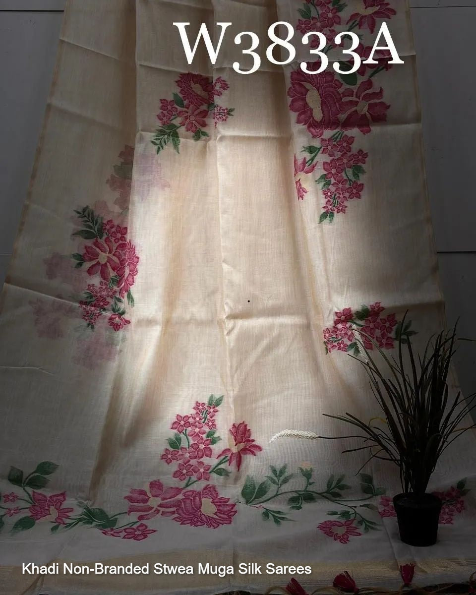 Khadi Non-Branded Stwea Muga Silk Sarees