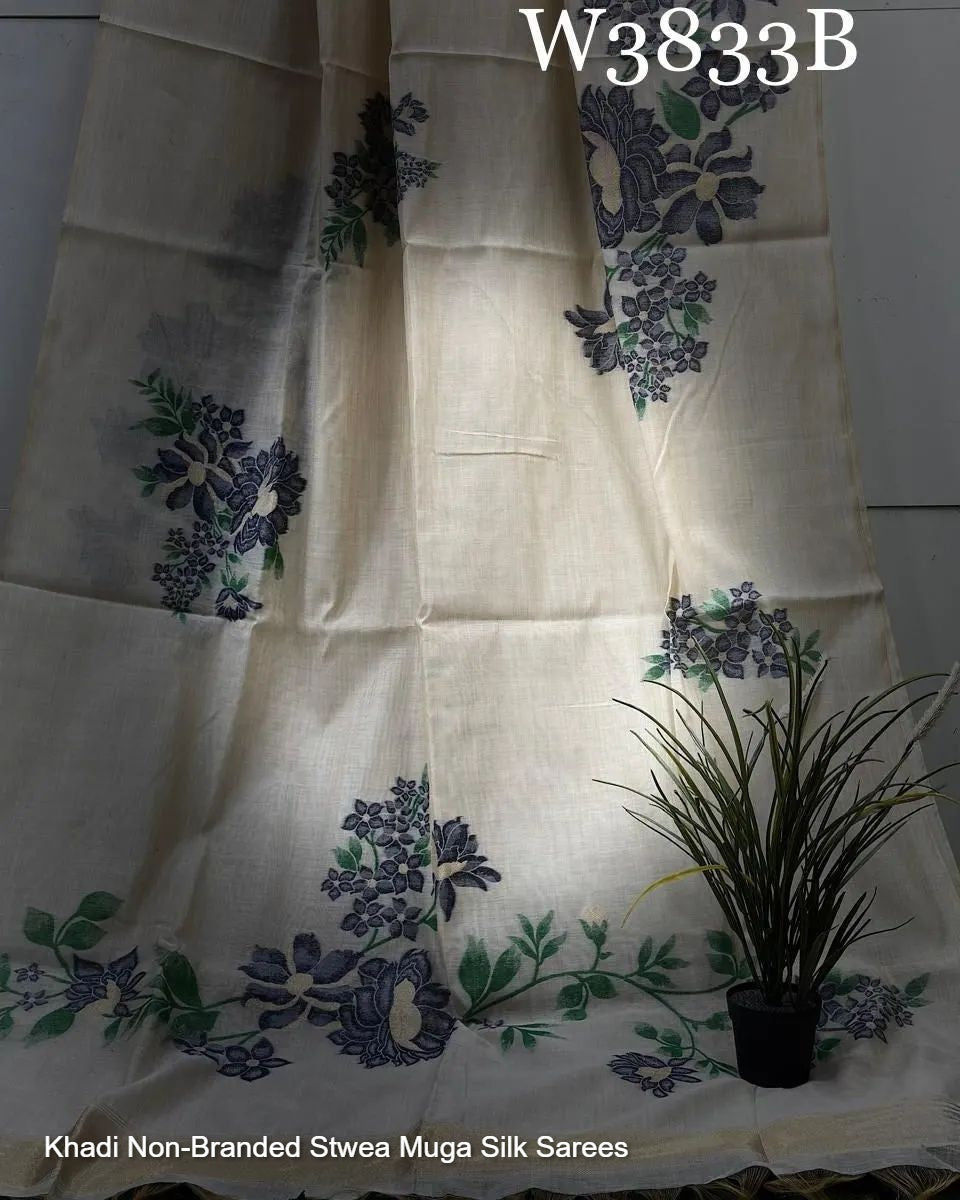 Khadi Non-Branded Stwea Muga Silk Sarees