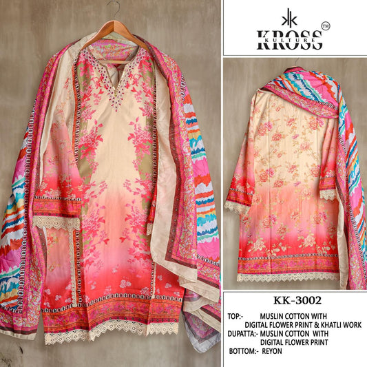 Kk-3002 Kross Kulture Muslin Karachi Unstitched Suits