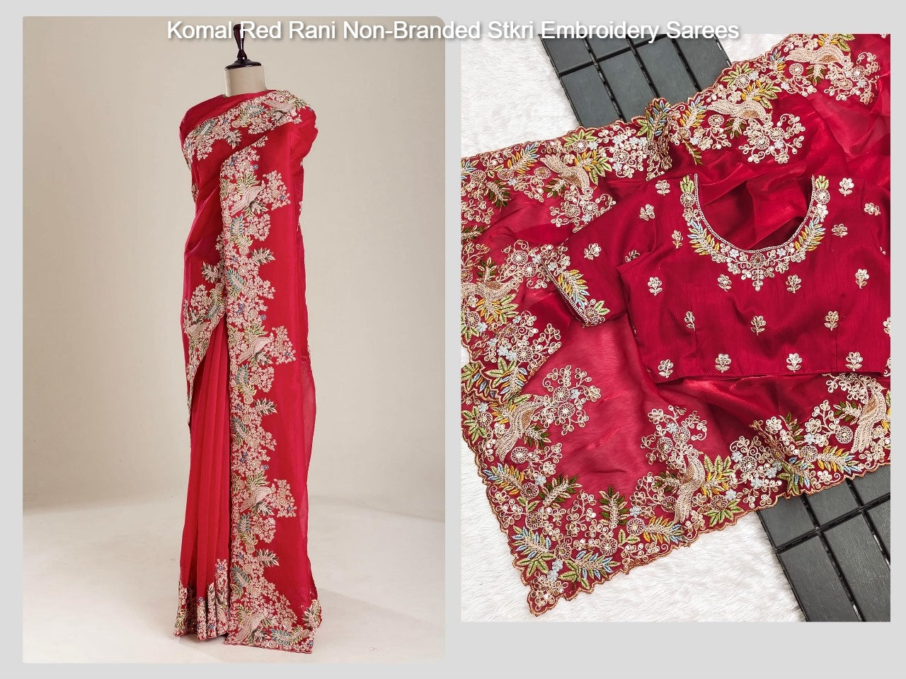 Komal Red Rani Non-Branded Stkri Embroidery Sarees