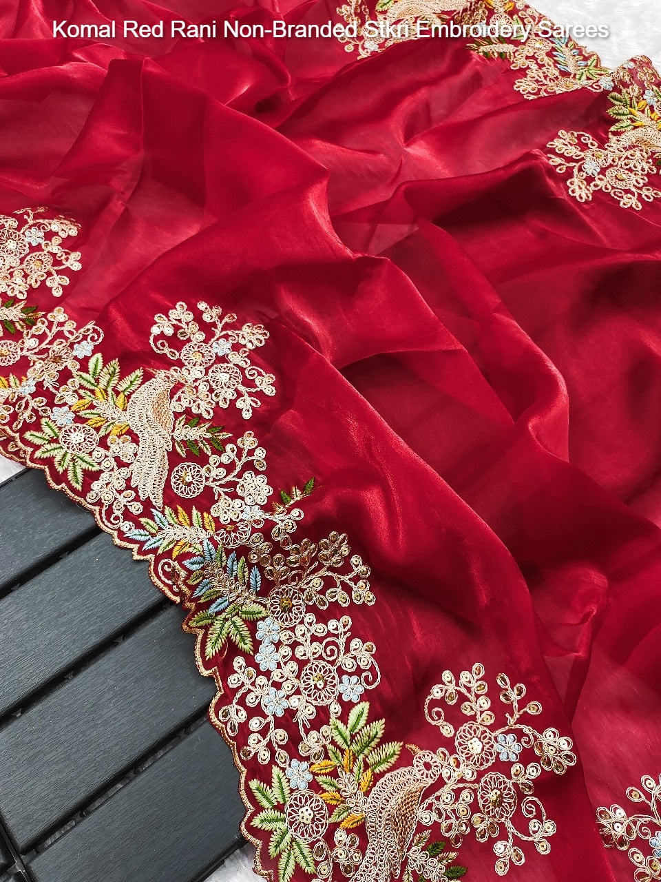 Komal Red Rani Non-Branded Stkri Embroidery Sarees