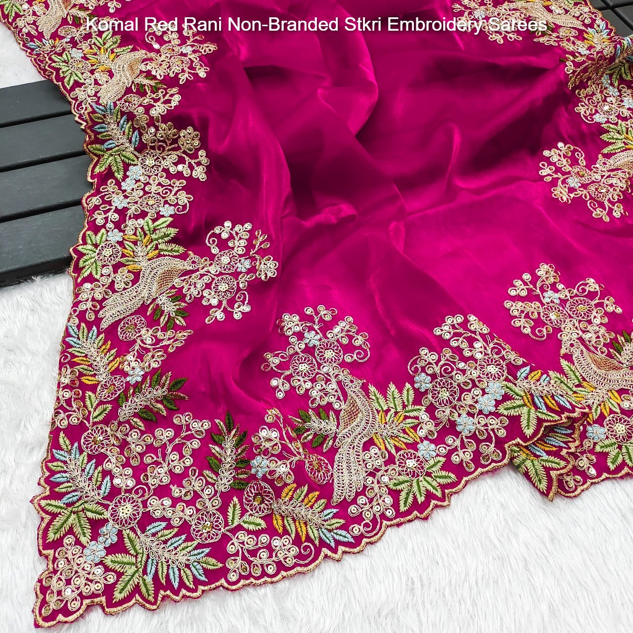 Komal Red Rani Non-Branded Stkri Embroidery Sarees