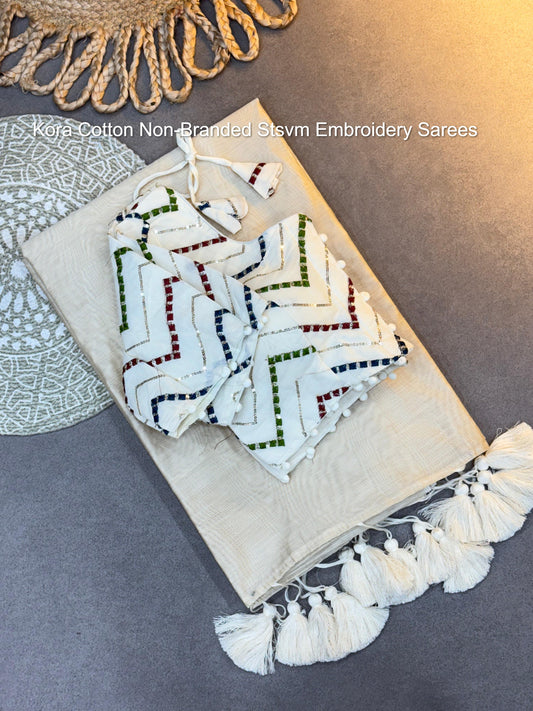 Kora Cotton Non-Branded Stsvm Embroidery Sarees