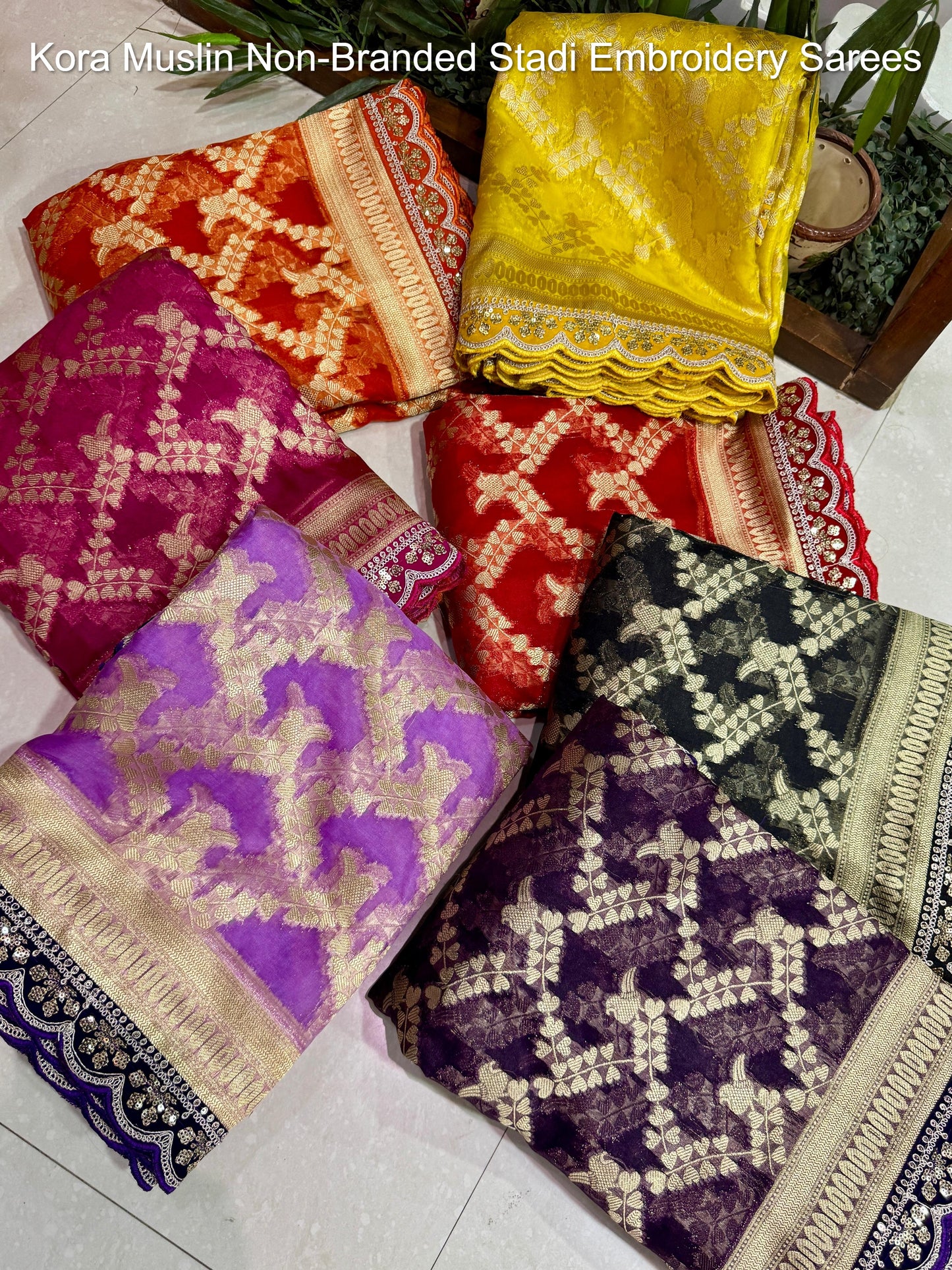 Kora Muslin Non-Branded Stadi Embroidery Sarees